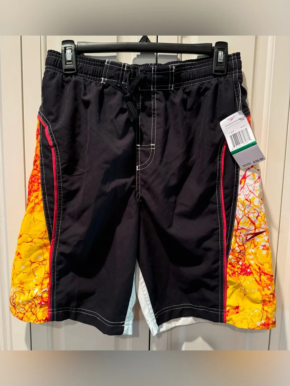Speedo Youth Boy’s Black Swim Shorts with Yellow & Orange Side Panels - Size L